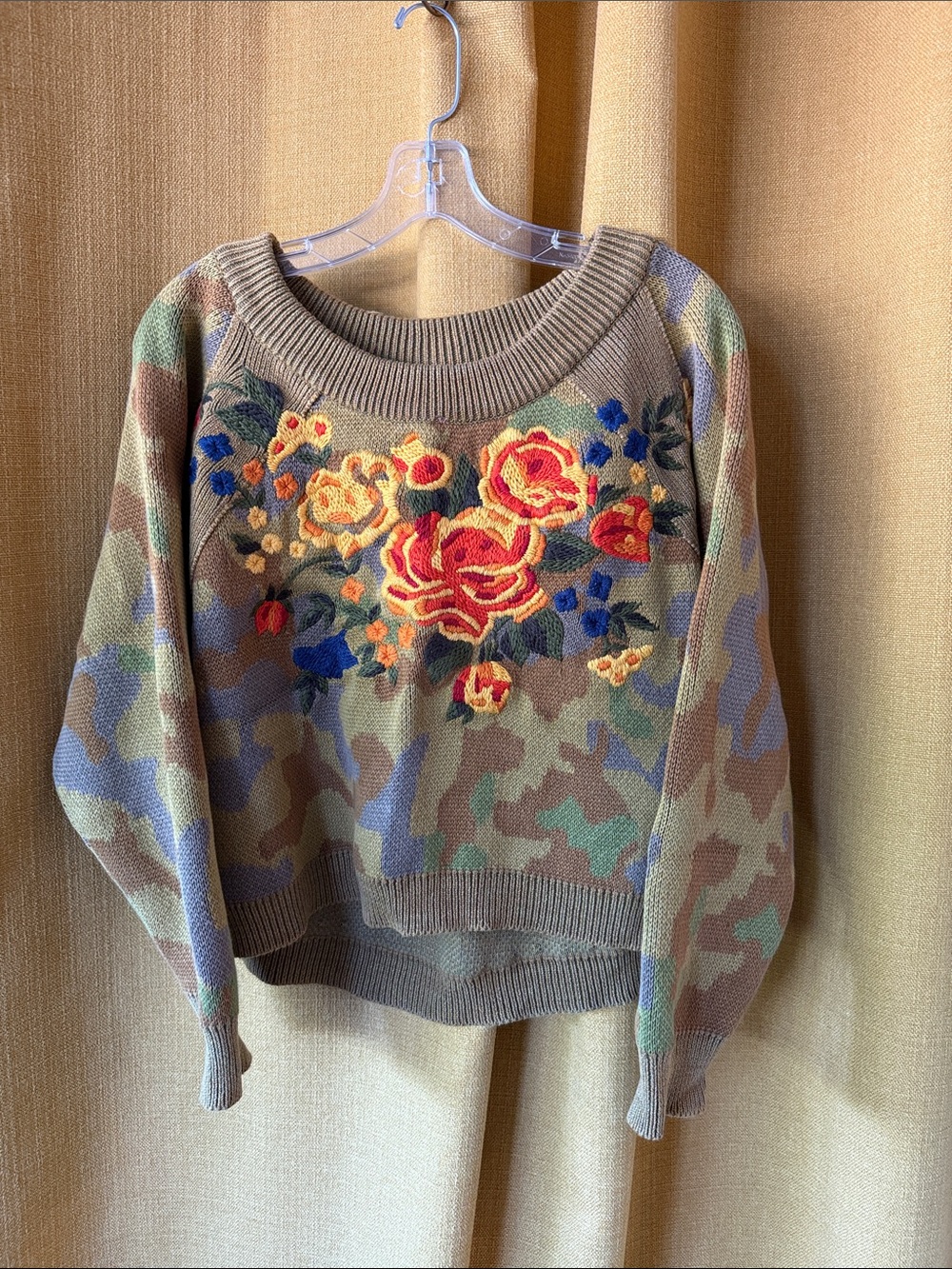 Free People Floral Embroidered Camouflage Knit Sweater - Olive